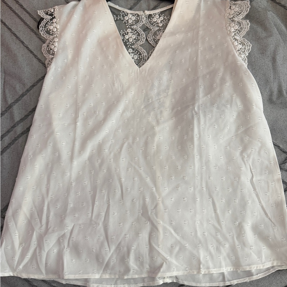 NWT SHEIN White Lace Swiss Dot Sleeveless Blouse Top Size L
